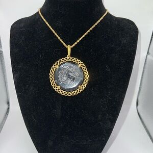 Capricorn 1970’s Crown Trifari Intaglio Zodiac Glass Pendant on Gold Monet Chain